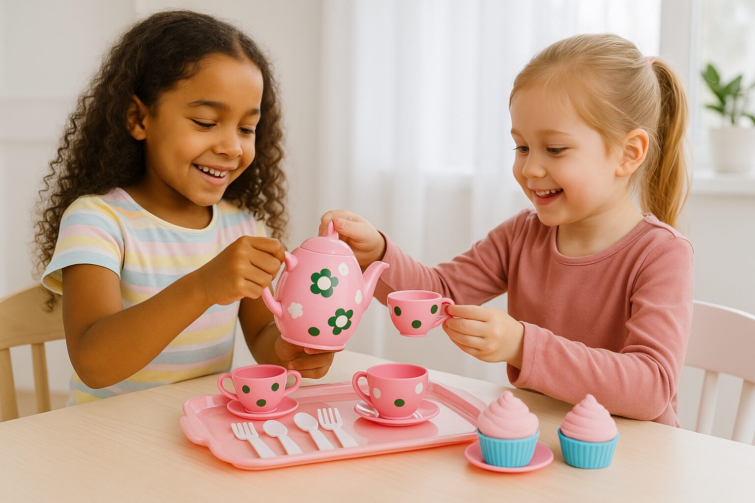 Kids Kitchen Tea Set, 35 Piece Pretend Play Set (Plates, Cups, Teapot, Utensils, Cupcakes), Ages 3+ - Image 4