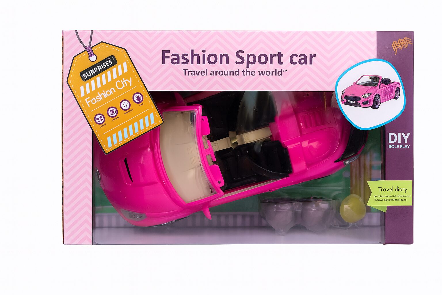 Fashion Sport Car, bright pink convertible toy car for imaginative road-trip play. Sturdy design, fun details, and accessory pack. Perfect gift for kids 3+. - Image 2